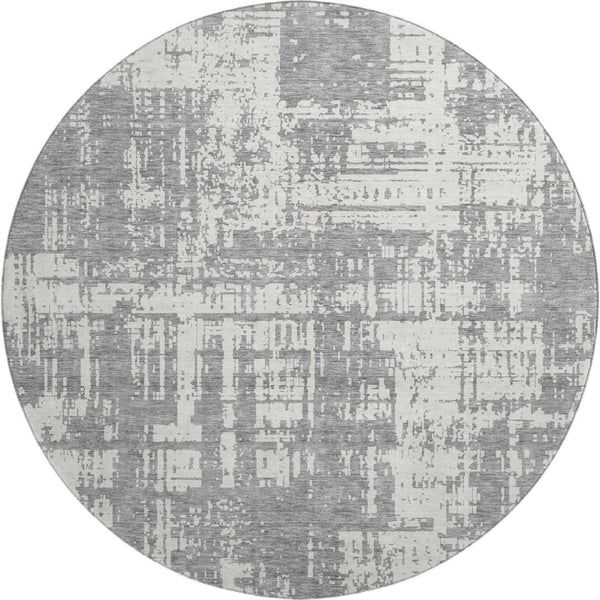 HomeRoots 8' Gray and Ivory Abstract Round Rug - Washable, UV-Protected, Stain-Resistant for Busy Homes 671141