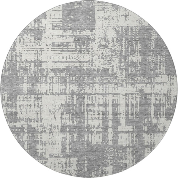 HomeRoots 8' Gray and Ivory Abstract Round Rug - Washable, UV-Protected, Stain-Resistant for Busy Homes 671141