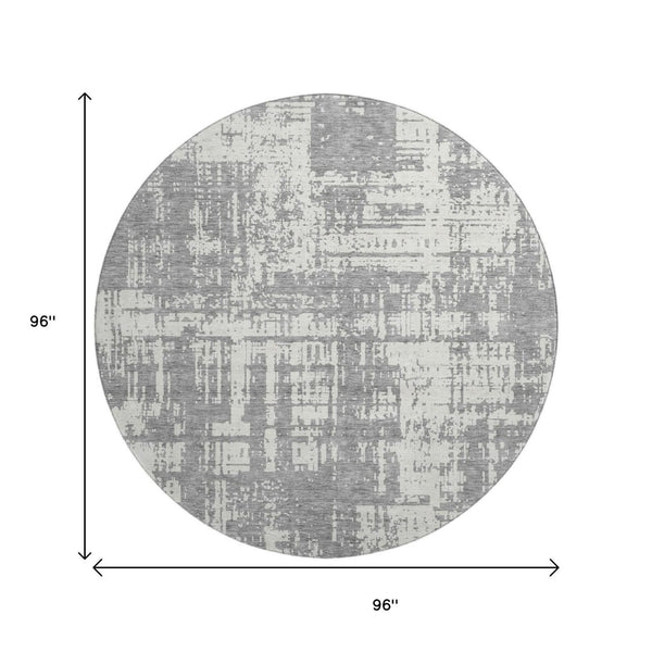 HomeRoots 8' Gray and Ivory Abstract Round Rug - Washable, UV-Protected, Stain-Resistant for Busy Homes 671141
