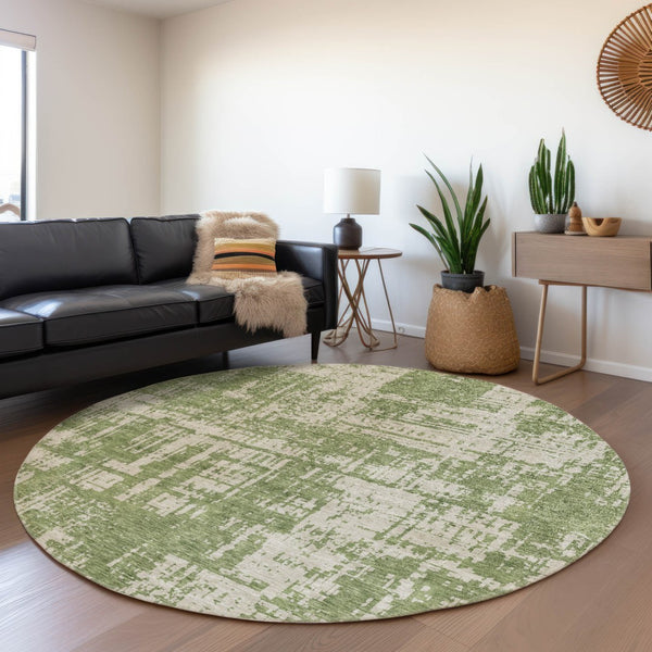 HomeRoots 8' Green and Beige Abstract Washable Round Rug - UV Protected, Soft, Durable, and Stylish Addition! 671147