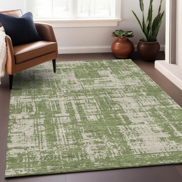 HomeRoots 9' X 12' Stylish Green & Beige Abstract Washable Area Rug with UV Protection for Busy Homes 671149