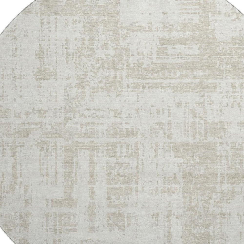 HomeRoots 8' Ivory and Beige Modern Abstract Washable Round Rug with UV Protection for Stylish Living Spaces 671153