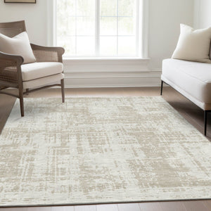 HomeRoots 10' X 14' Ivory and Beige Abstract Area Rug - Washable, UV Protected, Stylish & Durable for Homes 671156