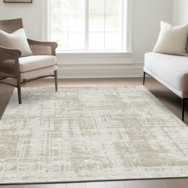 HomeRoots 10' X 14' Ivory and Beige Abstract Area Rug - Washable, UV Protected, Stylish & Durable for Homes 671156