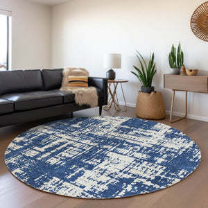 HomeRoots 8' Navy Blue and Ivory Abstract Round Rug - Washable, UV-Resistant, Durable, Modern Design for Homes 671159