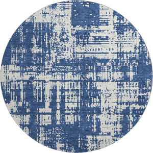 HomeRoots 8' Navy Blue and Ivory Abstract Round Rug - Washable, UV-Resistant, Durable, Modern Design for Homes 671159