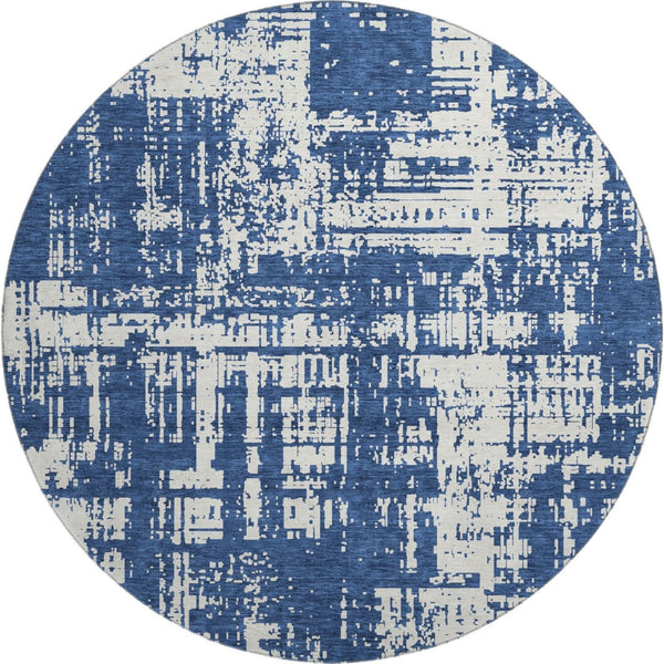 HomeRoots 8' Navy Blue and Ivory Abstract Round Rug - Washable, UV-Resistant, Durable, Modern Design for Homes 671159
