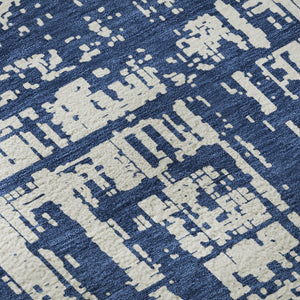 HomeRoots 8' Navy Blue and Ivory Abstract Round Rug - Washable, UV-Resistant, Durable, Modern Design for Homes 671159