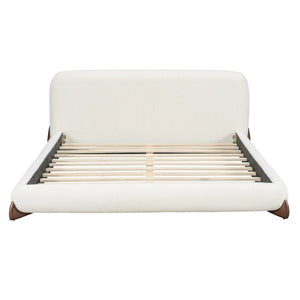 English Elm Queen Boucle Platform Bed Curved Padded Headboard Solid Wood Legs Modern Bedroom N757Q333874W