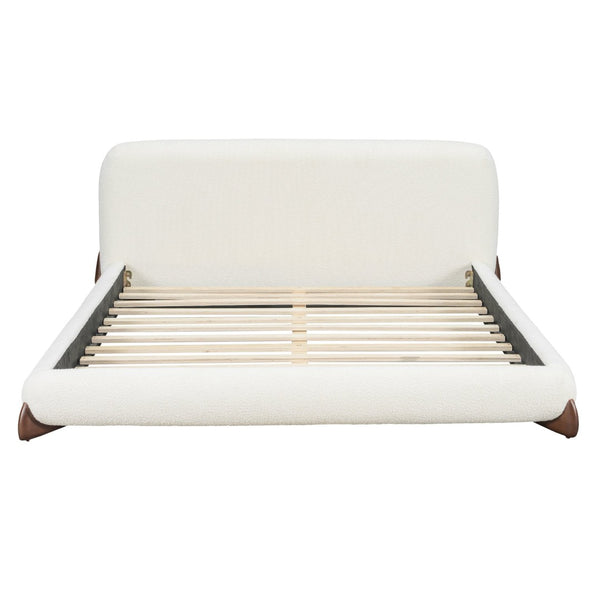 English Elm Queen Boucle Platform Bed Curved Padded Headboard Solid Wood Legs Modern Bedroom N757Q333874W