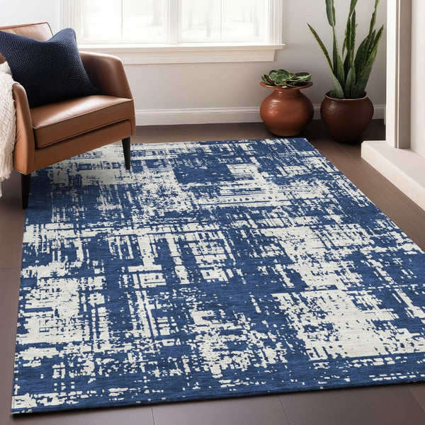 HomeRoots 10' X 14' Navy Blue And Ivory Abstract Area Rug - Washable, UV-Protected & Perfect for Busy Homes! 671162