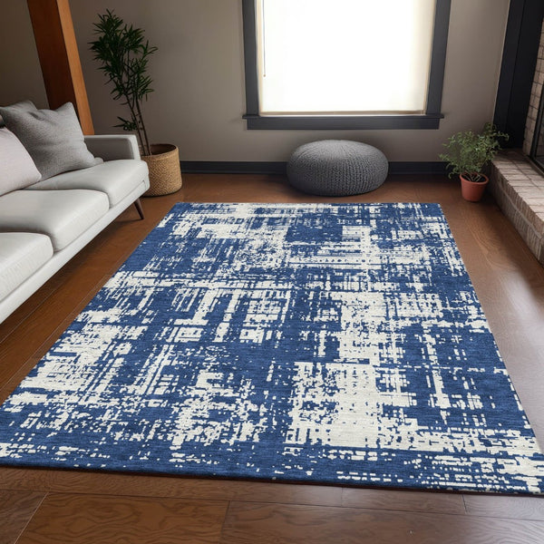 HomeRoots 10' X 14' Navy Blue And Ivory Abstract Area Rug - Washable, UV-Protected & Perfect for Busy Homes! 671162