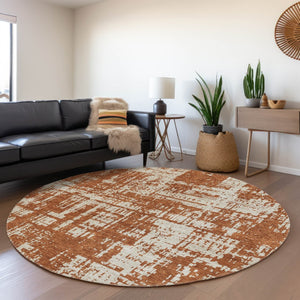 HomeRoots 8' Rust and Beige Abstract Round Rug – Washable, UV Protected, Durable for Homes with Kids & Pets 671165