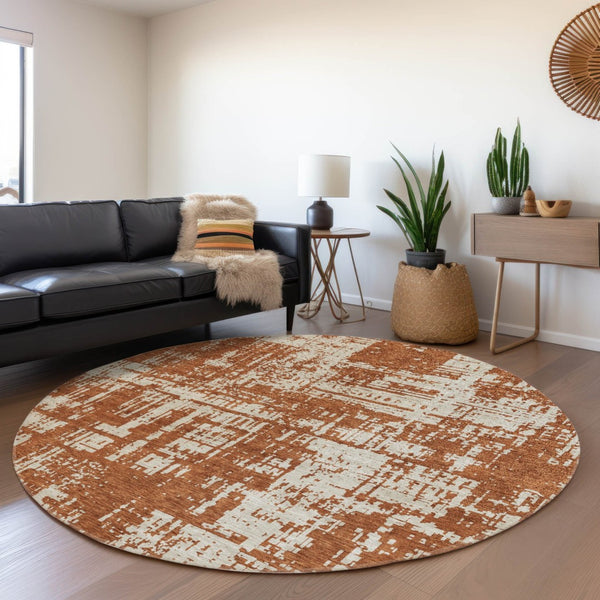 HomeRoots 8' Rust and Beige Abstract Round Rug – Washable, UV Protected, Durable for Homes with Kids & Pets 671165