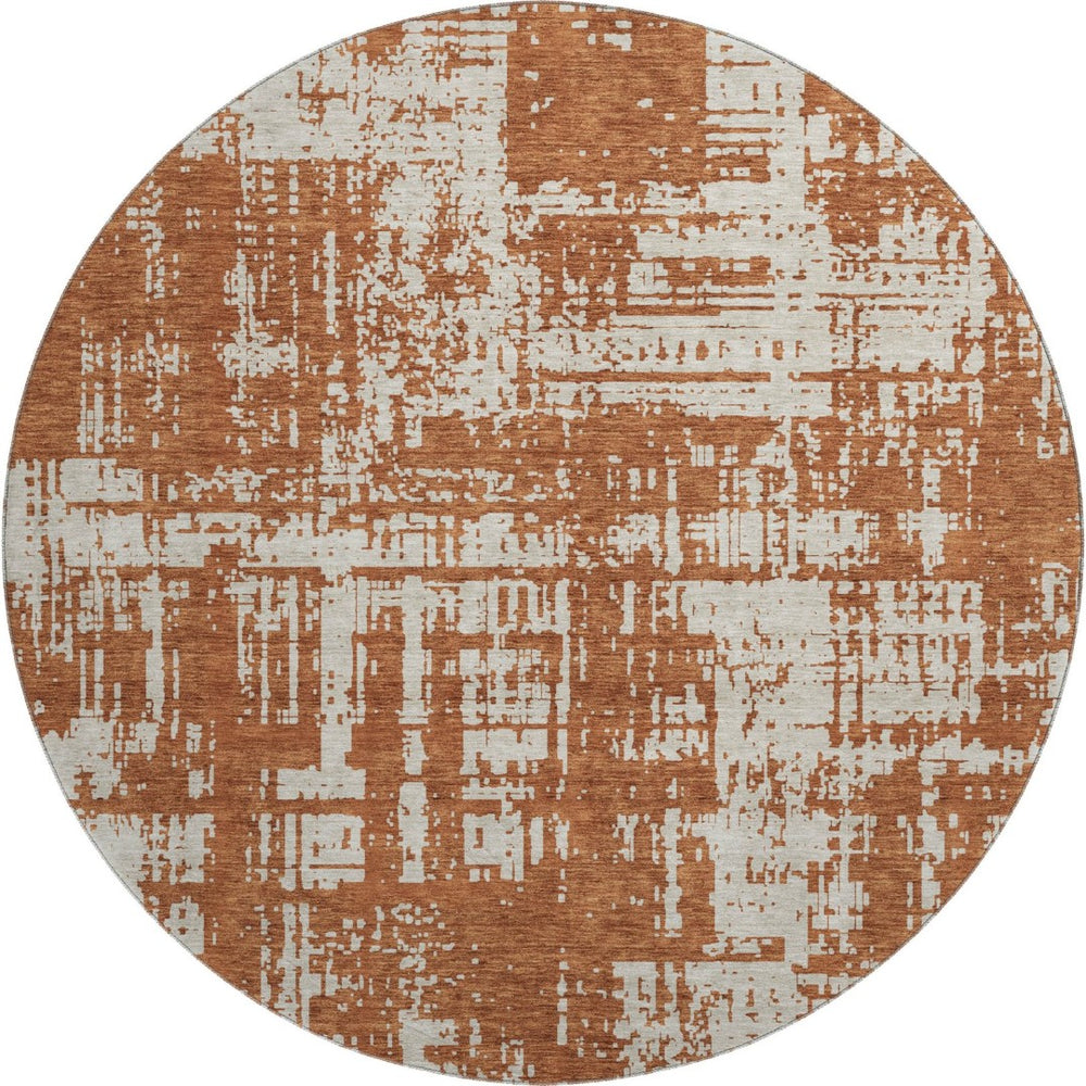 HomeRoots 8' Rust and Beige Abstract Round Rug – Washable, UV Protected, Durable for Homes with Kids & Pets 671165