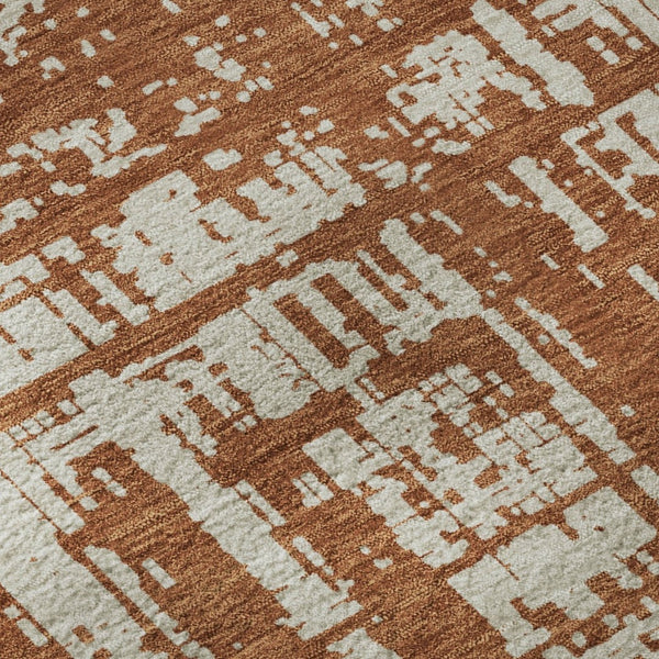 HomeRoots 8' Rust and Beige Abstract Round Rug – Washable, UV Protected, Durable for Homes with Kids & Pets 671165
