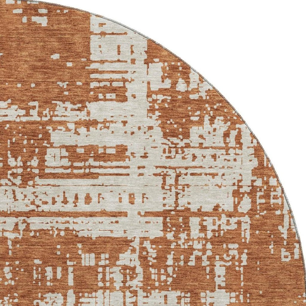 HomeRoots 8' Rust and Beige Abstract Round Rug – Washable, UV Protected, Durable for Homes with Kids & Pets 671165