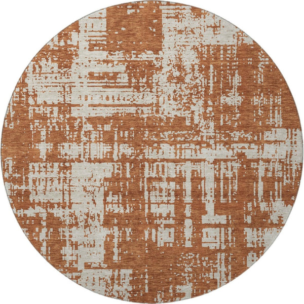 HomeRoots 8' Rust and Beige Abstract Round Rug – Washable, UV Protected, Durable for Homes with Kids & Pets 671165