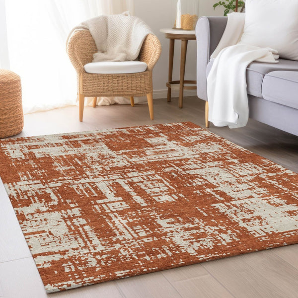 HomeRoots 10' X 14' Abstract Washable Area Rug in Rust & Beige – UV Protected, Stain-Resistant, Modern Design 671168