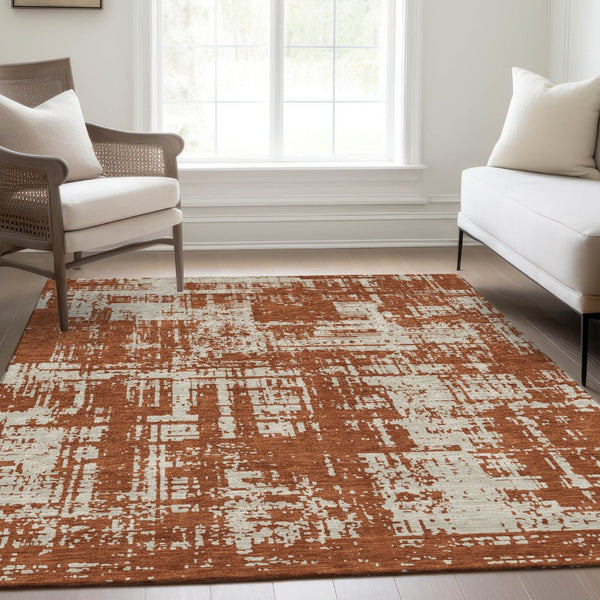 HomeRoots 10' X 14' Abstract Washable Area Rug in Rust & Beige – UV Protected, Stain-Resistant, Modern Design 671168