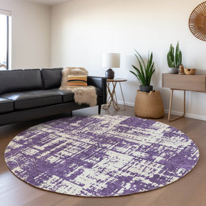 HomeRoots 8' Purple And Ivory Abstract Washable Round Rug – Durable, Stain-Resistant, UV-Protected Design! 671171