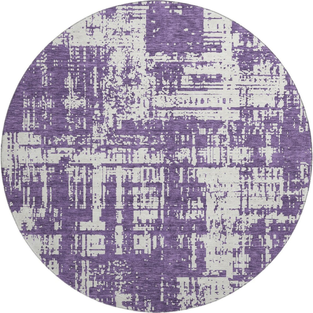 HomeRoots 8' Purple And Ivory Abstract Washable Round Rug – Durable, Stain-Resistant, UV-Protected Design! 671171