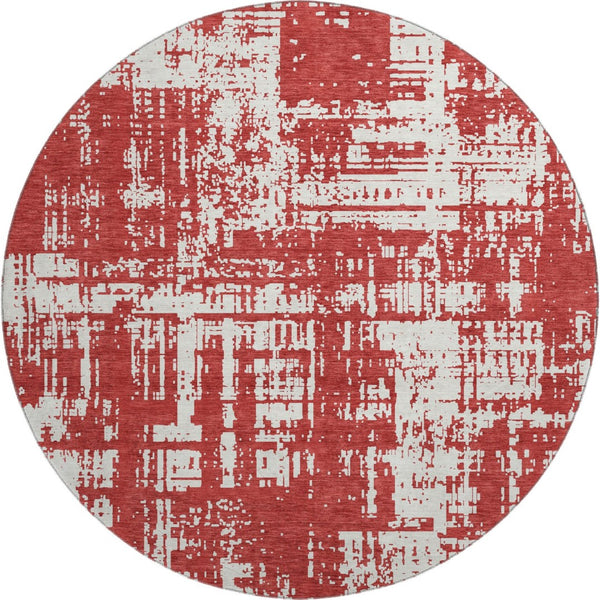 HomeRoots 8' Washable Round Rug in Red and Ivory - UV Protected, Stain Resistant, Perfect for Active Homes! 671177