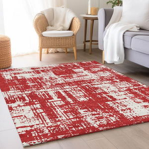 HomeRoots 9' X 12' Red And Ivory Washable Area Rug - Stylish, Durable, UV-Protected for Modern Living Spaces 671179