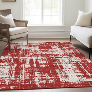 HomeRoots 9' X 12' Red And Ivory Washable Area Rug - Stylish, Durable, UV-Protected for Modern Living Spaces 671179