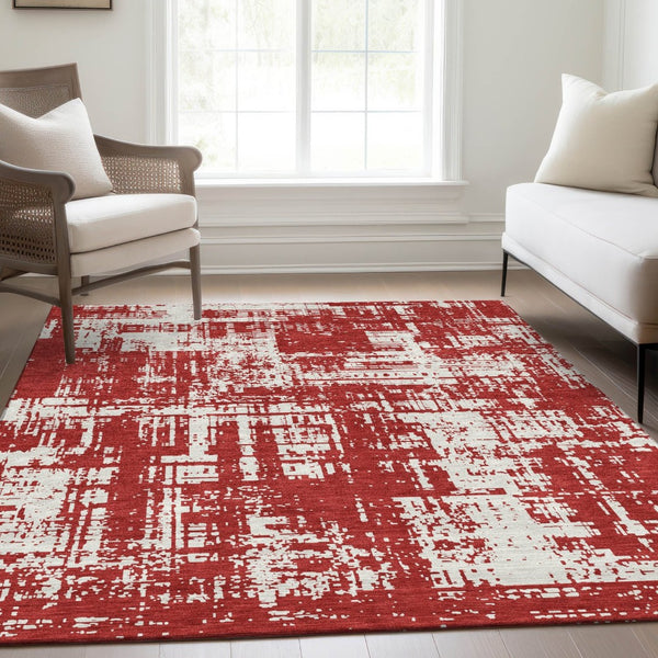 HomeRoots 9' X 12' Red And Ivory Washable Area Rug - Stylish, Durable, UV-Protected for Modern Living Spaces 671179