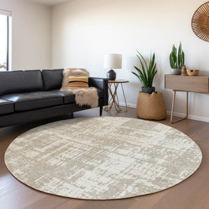 HomeRoots 8' Taupe and Beige Abstract Washable Round Rug - Stylish, Durable, UV-Protected, Easy Care! 671183