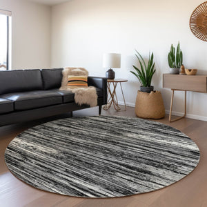 HomeRoots 8' Black and Ivory Striped Washable Round Rug - Durable, Stylish, and UV-Resistant for Every Space 671195
