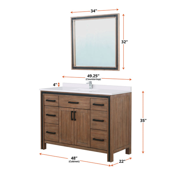 English Elm Rustic Barnwood 48" Bath Vanity with White Quartz Top, Chrome Faucet, 34" Mirror, Scratch-Resist Durable B2731S01347