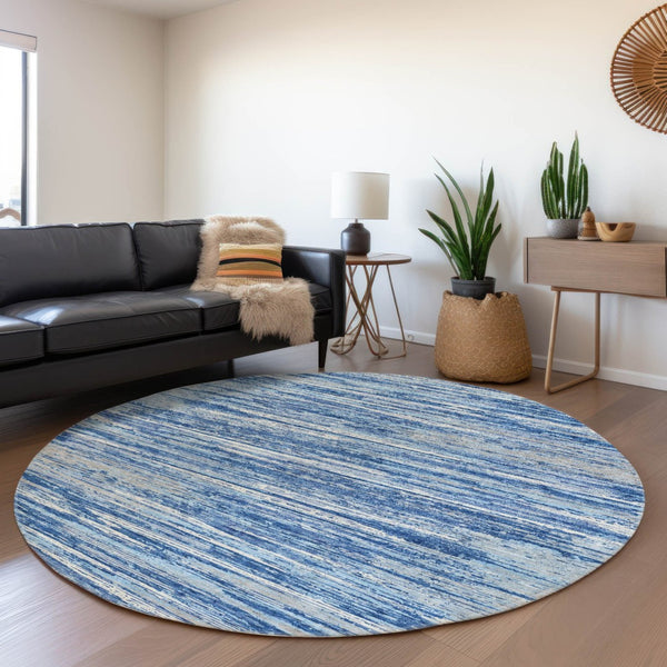 HomeRoots 8' Blue Ivory and Gray Striped Washable Round Rug - UV Protected, Durable, Stylish for Any Space 671201