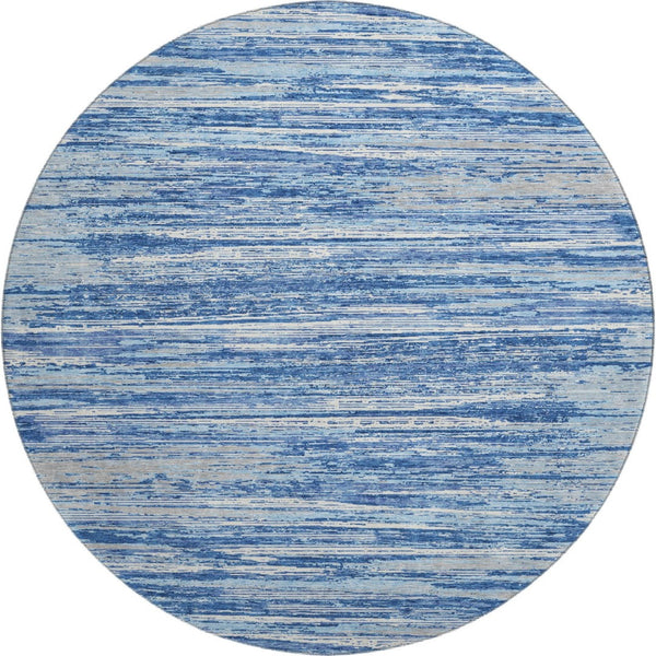 HomeRoots 8' Blue Ivory and Gray Striped Washable Round Rug - UV Protected, Durable, Stylish for Any Space 671201