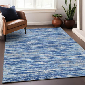 HomeRoots 10' X 14' Stylish Blue Ivory Gray Striped Washable Area Rug with UV Protection for High-Traffic Areas 671204