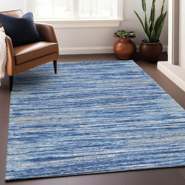 HomeRoots 10' X 14' Stylish Blue Ivory Gray Striped Washable Area Rug with UV Protection for High-Traffic Areas 671204