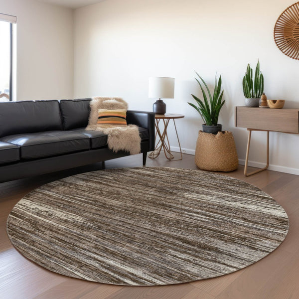 HomeRoots 8' Brown and Beige Striped Round Rug - Washable, UV Protected, Stain-Resistant for Busy Homes 671207