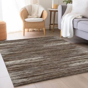 HomeRoots 8' X 10' Brown And Beige Striped Area Rug – Washable, UV-Protected, Durable for High-Traffic Spaces 671208