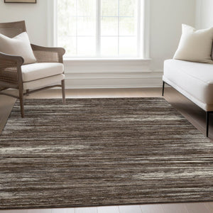 HomeRoots 8' X 10' Brown And Beige Striped Area Rug – Washable, UV-Protected, Durable for High-Traffic Spaces 671208