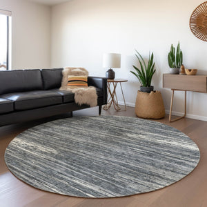 HomeRoots 8' Gray and Ivory Striped Washable Round Rug – Durable, UV Protected, Stain Resistant for High Traffic Areas 671219