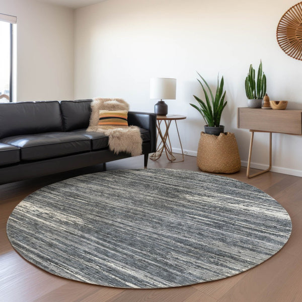 HomeRoots 8' Gray and Ivory Striped Washable Round Rug – Durable, UV Protected, Stain Resistant for High Traffic Areas 671219