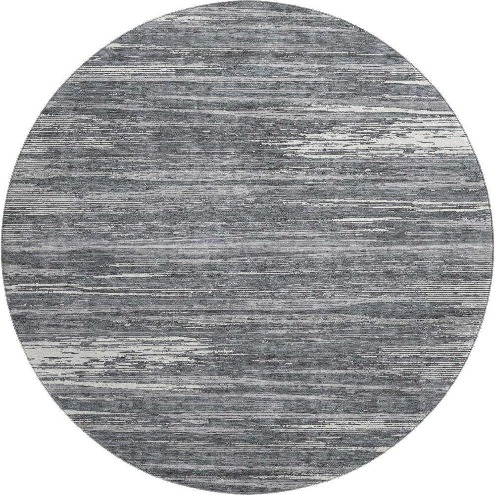 HomeRoots 8' Gray and Ivory Striped Washable Round Rug – Durable, UV Protected, Stain Resistant for High Traffic Areas 671219