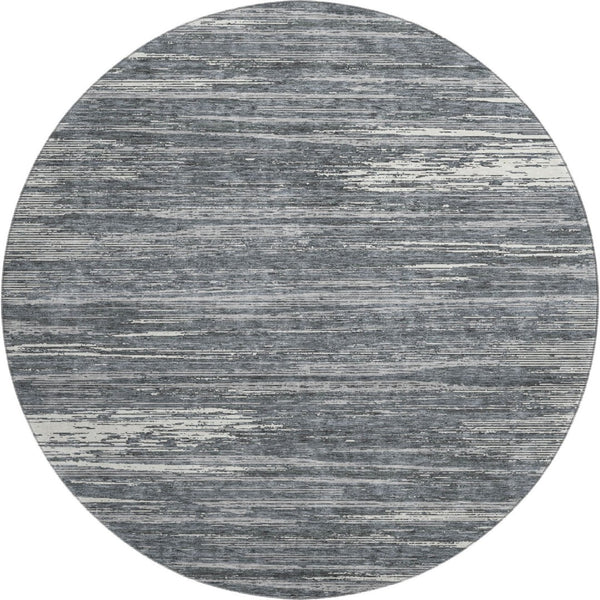 HomeRoots 8' Gray and Ivory Striped Washable Round Rug – Durable, UV Protected, Stain Resistant for High Traffic Areas 671219