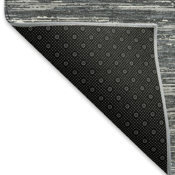 HomeRoots 8' Gray and Ivory Striped Washable Round Rug – Durable, UV Protected, Stain Resistant for High Traffic Areas 671219
