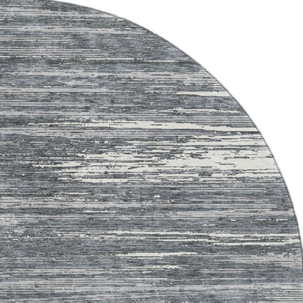 HomeRoots 8' Gray and Ivory Striped Washable Round Rug – Durable, UV Protected, Stain Resistant for High Traffic Areas 671219