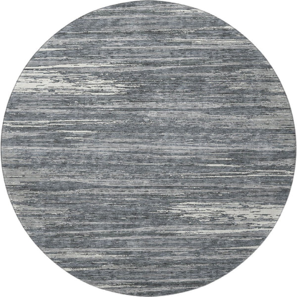 HomeRoots 8' Gray and Ivory Striped Washable Round Rug – Durable, UV Protected, Stain Resistant for High Traffic Areas 671219