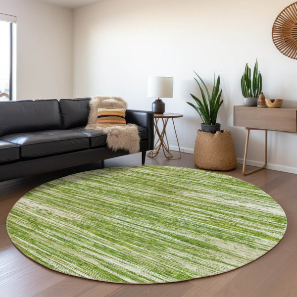 HomeRoots 8' Green and Ivory Striped Round Rug - Washable, UV Protected, Stain-Resistant, Kid & Pet Friendly! 671225
