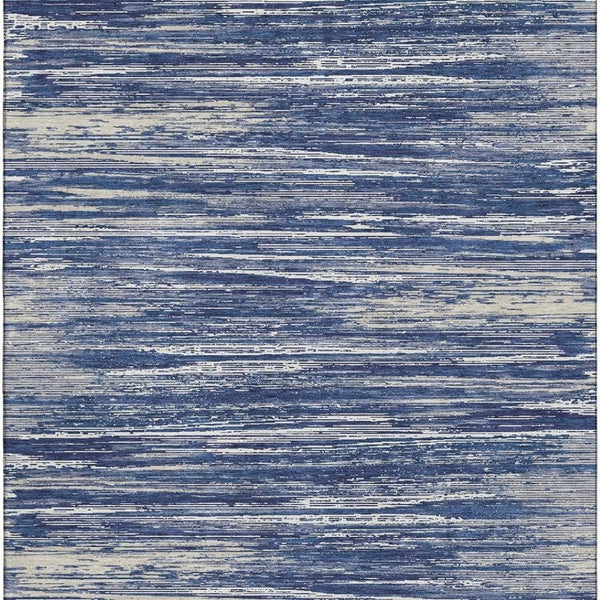 HomeRoots 5' X 8' Striped Washable Area Rug in Navy Blue, Ivory & Gray - UV Protected, Stain Resistant, Durable 671236