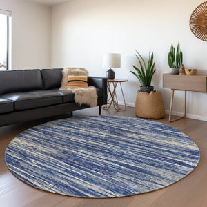 HomeRoots 8' Navy Blue Ivory & Gray Striped Round Rug - Washable, UV Protected, Durable for High-Traffic Areas 671237